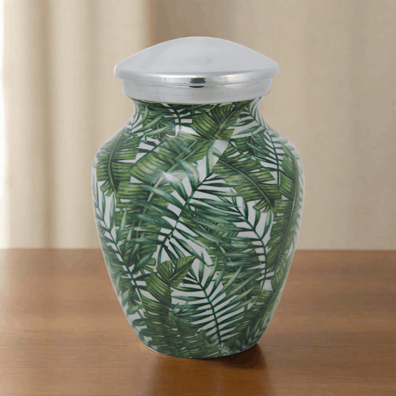 Bamboo Leaves Enamel Finished Cremation Urn In Small