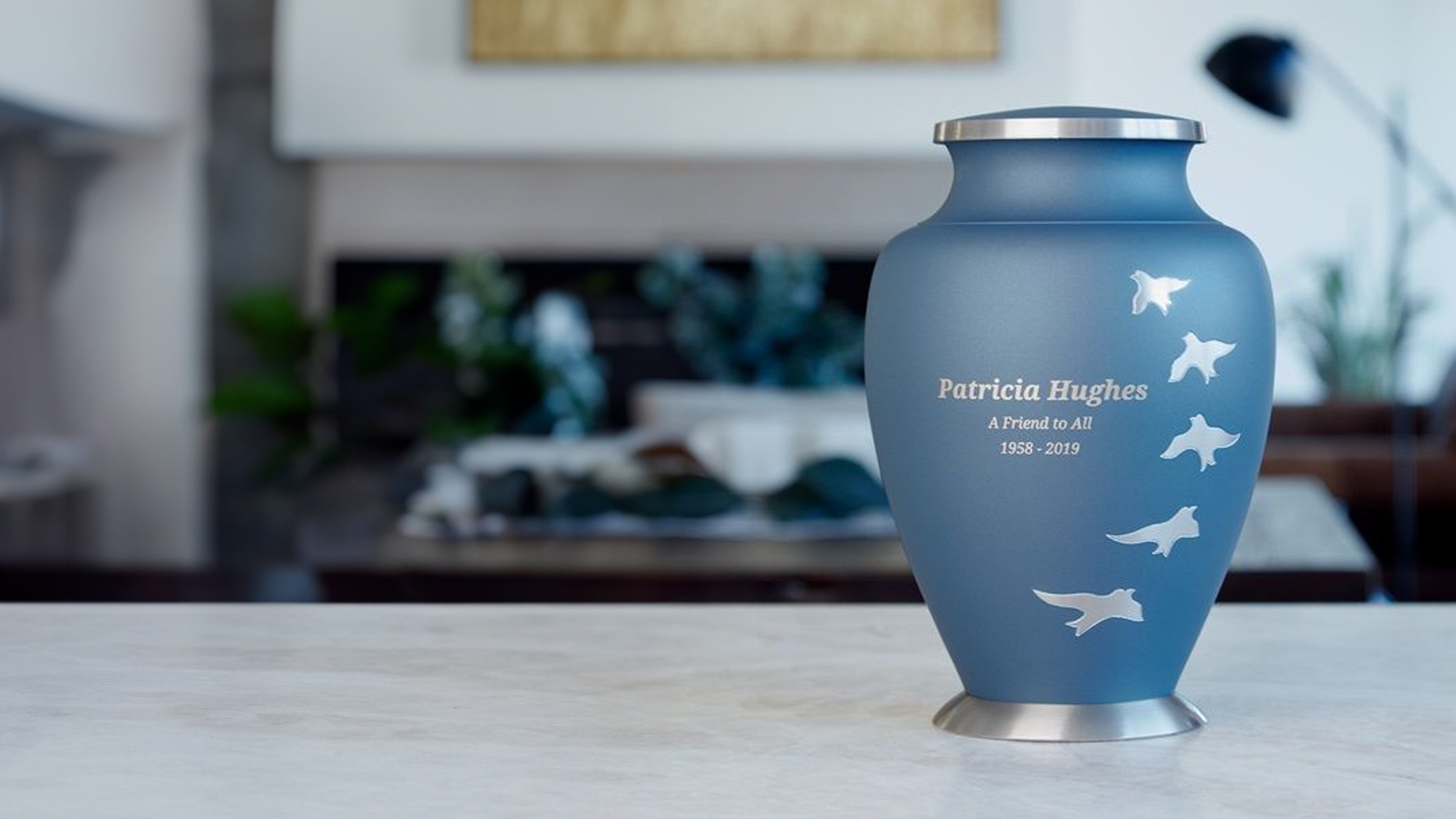 engraved blue urn