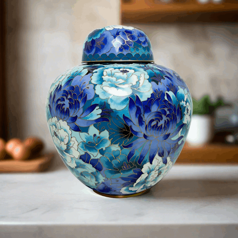 Blue Floral Cremation Urn In Large