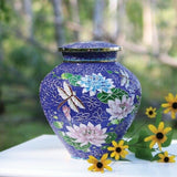 Filigree Cloisonné Lily Dragonfly Cremation Urn in Large