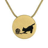 Round Bronze Pendant With Cat, Yarn and Chain