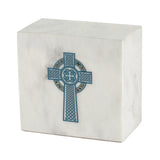 Keystone White Marble Cremation Urn With Blue Celtic Cross + Opulent Blue Inlay