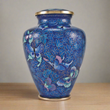 Blue and Purple Urn with Butterfly and Flower Metal Detail