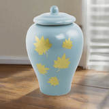 Classic Ceramic Cremation Urn with Golden Leaves