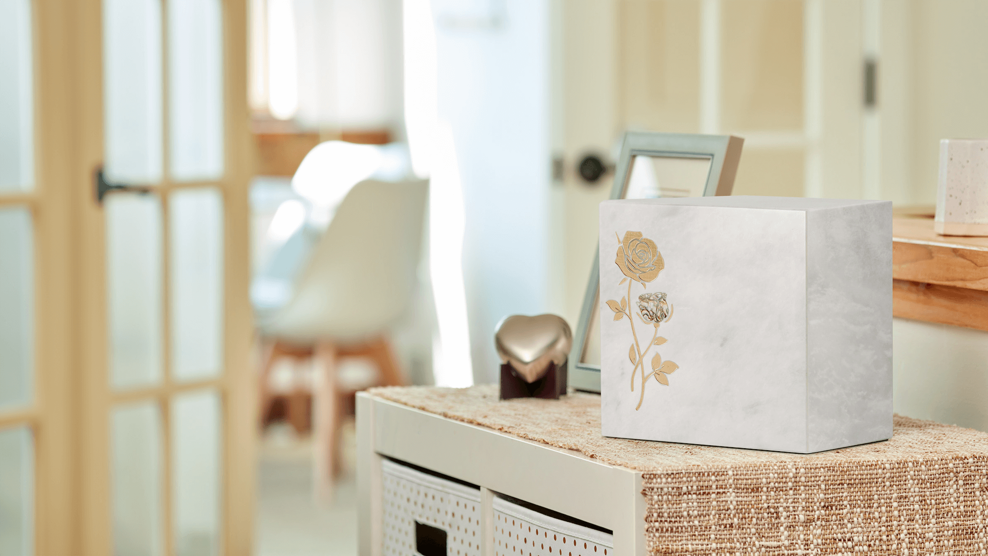 White Marble Memorial Keystone in home