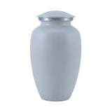 Elegant greyish white cremation urn for up to two hundred cubic inches of ash with a silver colored trim around the neck.