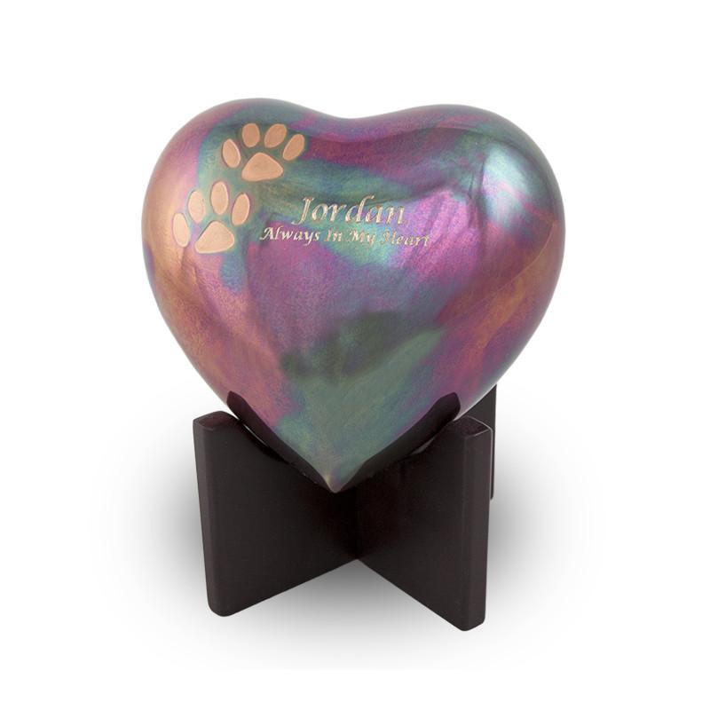 Raku heart for cremation ashes with beautiful green and purple shimmering finish and sample engraving.