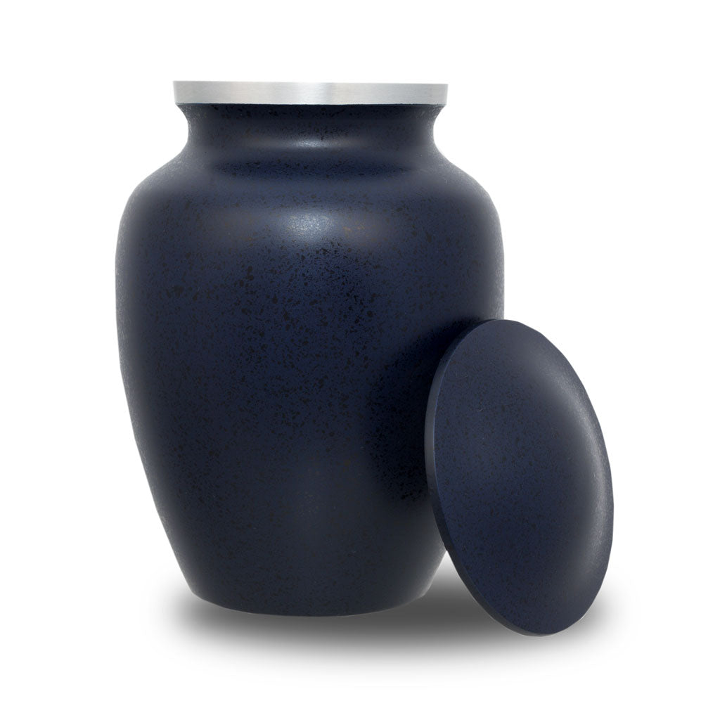 Bronze urn for ashes with dark blue two-tone painted finish, with threaded lid removed revealing compartment for ashes.